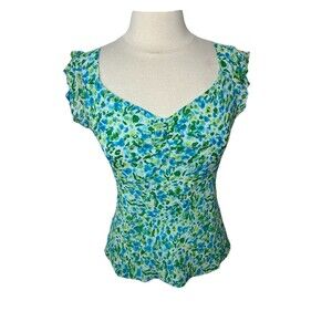 LOFT Top Babydoll Y2K 8 Teal Blue Floral Flutter Sleeves 90s Cottagecore Silk